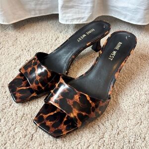 Nine West Leopard Print Open-Toe Slide Heels - Black and Brown
